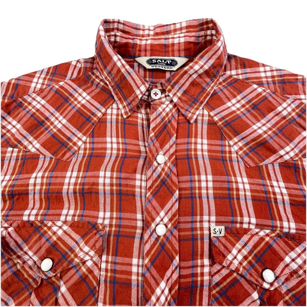 Salt Valley Western Shirt Mens Small Orange Plaid Pearl Snap Pockets Cowboy